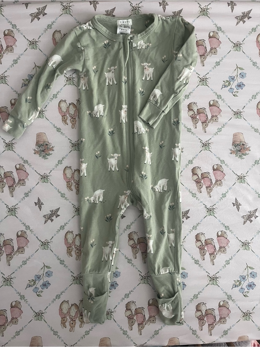 Firsts by Petit Lem Sage Green Footed Baby One-Piece with Lamb Print